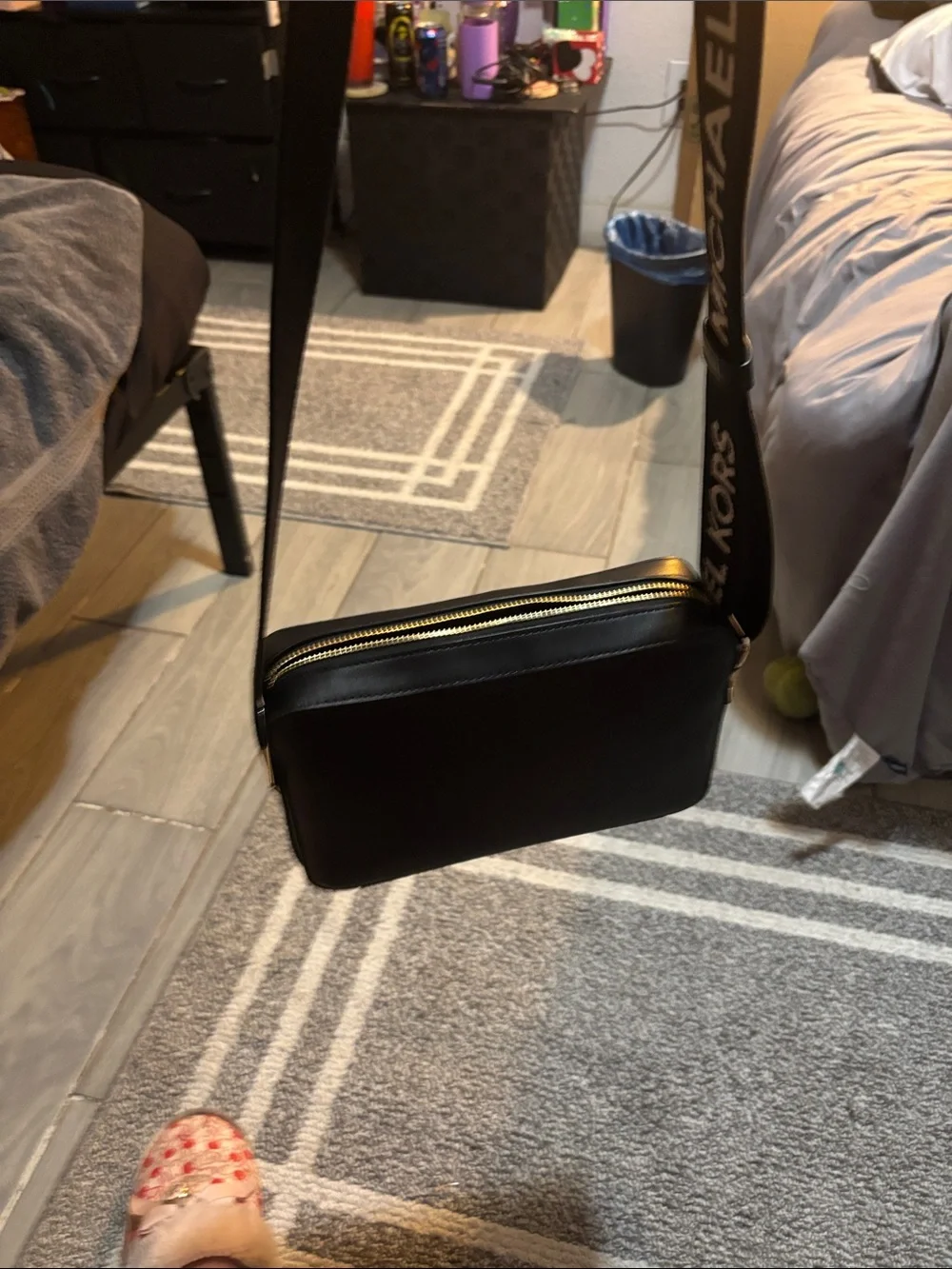 Michael Kors Black Leather Messenger Bag with Branded Strap